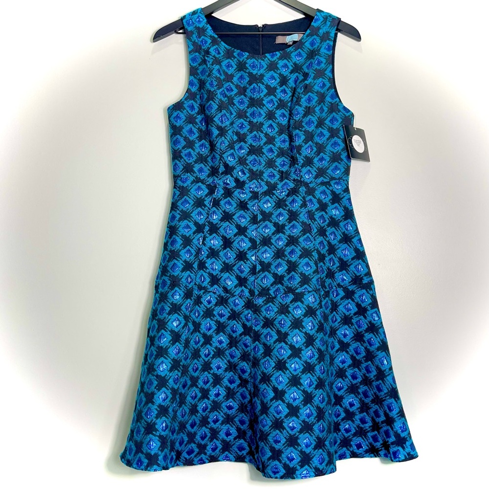 NWT EVA FRANCO Sleeveless A-Line Dress Black Blue Metallic Shimmer Lined Size 10